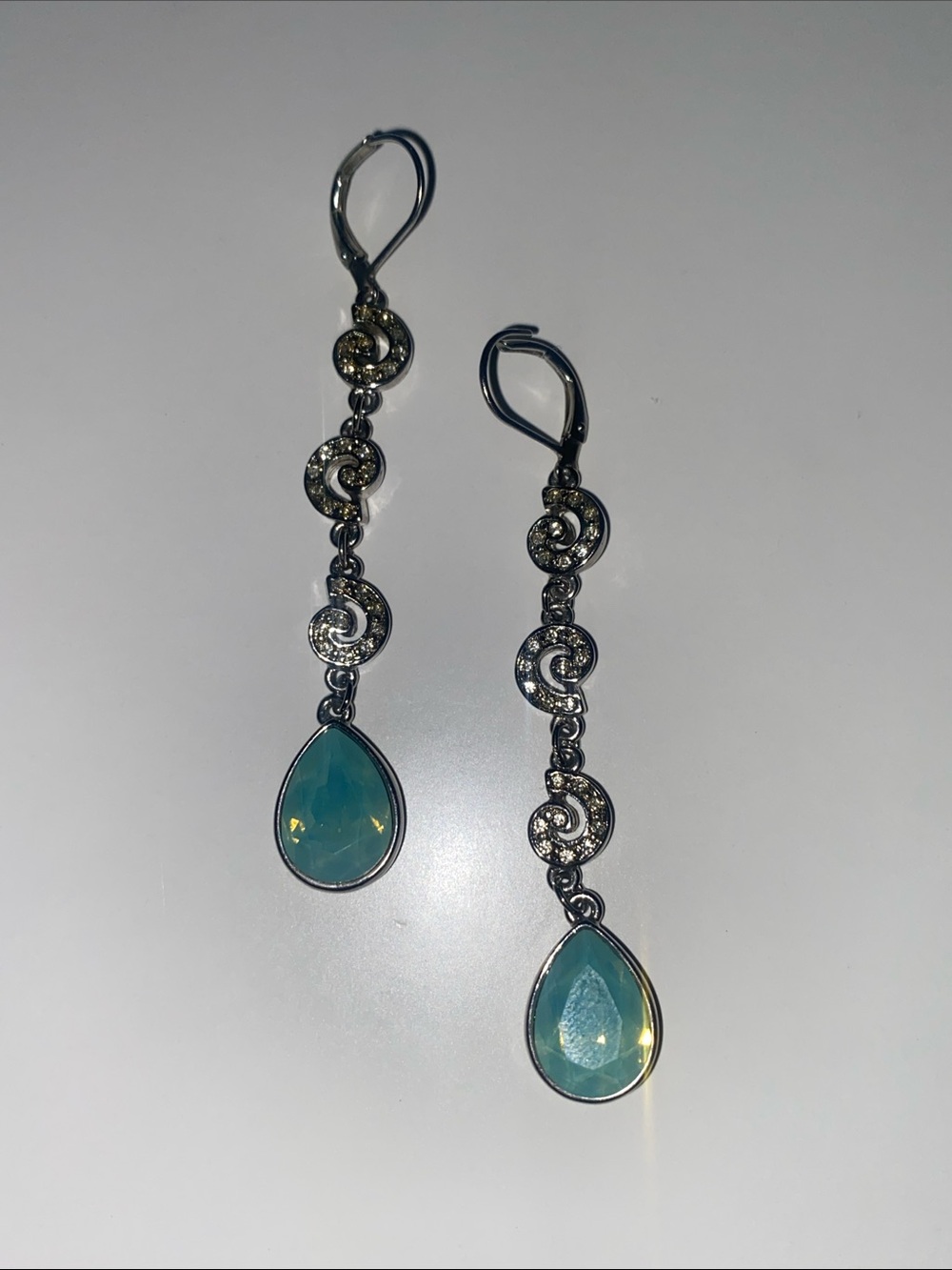 Blue-Green Teardrop Dangle Earrings with Crystal Accents